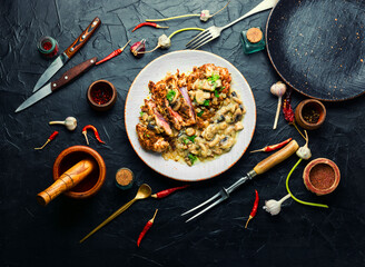 Grilled turkey steak with fried mushrooms