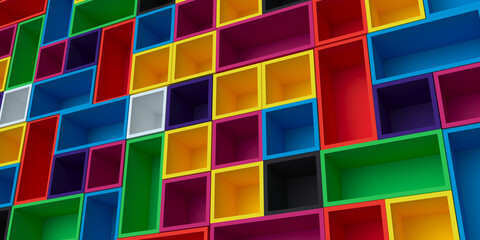Bright background. Volumetric composition of shelves of different colors.