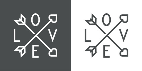 Día de San Valentín. Logotipo con texto hecho a mano Love alrededor de 2 flechas con corazón en cruz con lineas en fondo gris y fondo blanco
