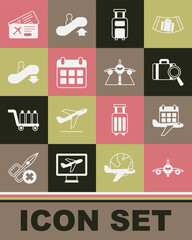 Set Plane, Calendar and airplane, Lost baggage, Suitcase, Escalator down, Airline ticket and icon. Vector
