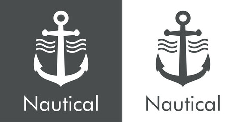 Logotipo con texto Nautical y silueta de ancla de barco con olas en fondo gris y fondo blanco