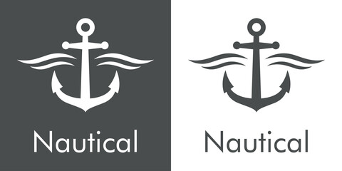 Logotipo con texto Nautical y silueta de ancla de barco con olas en fondo gris y fondo blanco © teracreonte