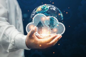 cloud business technology world concept Young man showing cloud computing business storage operating system Earth image from space furnished by NASA.