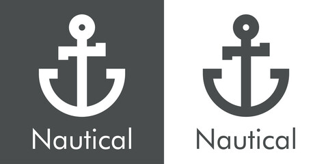 Logotipo con texto Nautical y silueta de ancla de barco con lineas en fondo gris y fondo blanco