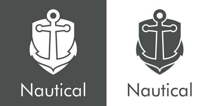 Logotipo con texto Nautical y ancla de barco en escudo en fondo gris y fondo banco