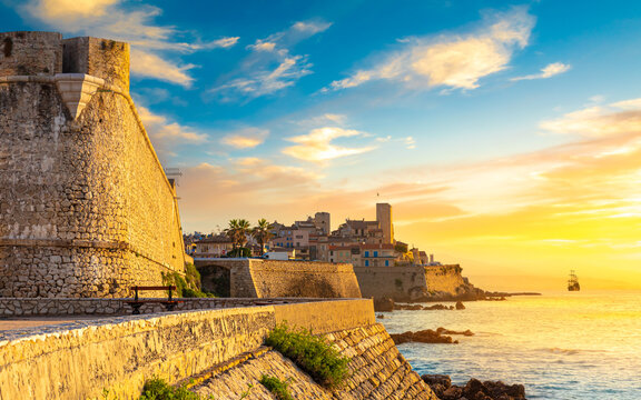 View of the city of Antibes in the sunset light, Provence, Cote d'Azur, a popular travel destination in Europe
