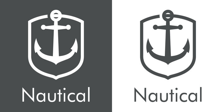 Logotipo con texto Nautical y ancla de barco en escudo con lineas en fondo gris y fondo banco