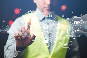 engineer or businessman Point out the cloud connection point to exchange industrial systems,...