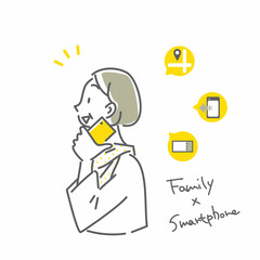 笑顔でスマートフォンで通話するシニア女性　シンプルでお洒落な線画イラスト