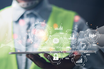 engineer show cloud connection Through the laptop to exchange the industrial system, technology,...