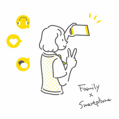 スマホで自撮りをする女子高生　シンプルでお洒落な線画イラスト