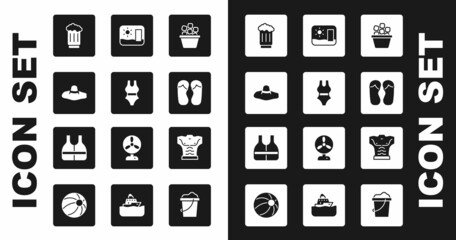Set Ice bucket, Swimsuit, Elegant women hat, Wooden beer mug, Flip flops, Travel postcard, Bodybuilder muscle and Life jacket icon. Vector