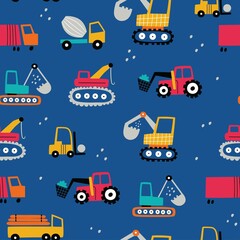 Childish seamless pattern with building equipment. Creative kids texture for fabric, wrapping, textile, wallpaper, apparel. Vector hand drawn illustration. Dark blue background. © Angelina De Sol