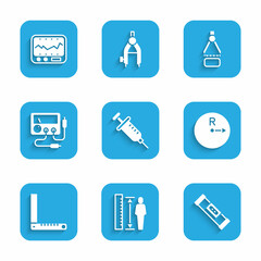 Set Syringe, Measuring height body, Construction bubble level, Radius, Corner ruler, Multimeter, voltmeter, Drawing compass and instrument icon. Vector