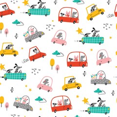 Seamless childish pattern with cartoon funny dogs in cars. Creative kids texture for fabric, wrapping, textile, wallpaper, apparel. Vector illustration © Angelina De Sol