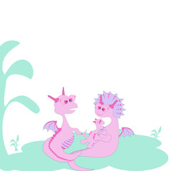 Cartoon of family pink dinosaur in green forest .Beauty mum Dino hug her baby with her husband standing near on white background.Vector flat design hand drawn for greeting card,posters or kids T-shirt