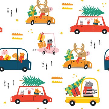 Seamless childish pattern with cartoon funny Christmas animals with scarfs and gifts in cars. Creative kids texture for fabric, wrapping, textile, wallpaper, apparel. Vector illustration