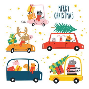 
Vector set of cartoon funny Christmas animals with scarfs and gifts in cars. Creative kids collection for fabric, wrapping, textile, wallpaper, apparel. Vector illustration
