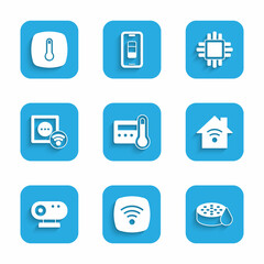 Set Thermostat, Wi-Fi wireless internet network, Water sensor, Smart home with wi-fi, Web camera, electrical outlet, Processor CPU and icon. Vector