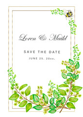 Wedding invitation template with green watercolor eucalyptus leaves pink flowers  and gold frame on white background. A spring card, an invitation floral greenery card. Hand drawn illustration.