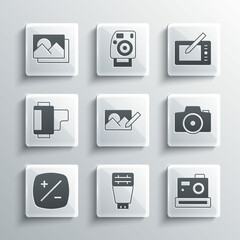 Set Photo camera flash, retouching, Exposure compensation, Camera roll cartridge, frame and Graphic tablet icon. Vector