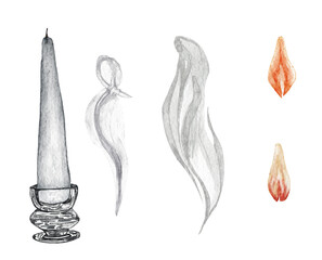 Watercolor hand drawn illustration with candles and smoke on white