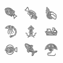 Set Octopus, Shark, Stingray, Fishing boat, Shrimp, Scallop sea shell and Tropical fish icon. Vector