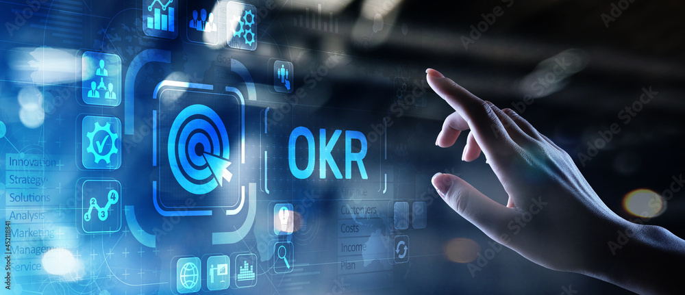 Poster objective key results business technology process improvement concept on virtual screen.