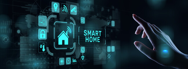 Smart home control panel on virtual screen. IOT and Automation technology concept.