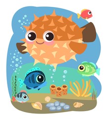 Little landscape. Puffer fish. Underwater life. Wild animals. Ocean, sea. Summer water. Isolated on white background. Illustration in cartoon style. Flat design. Vector art © Ирина Мордвинкина