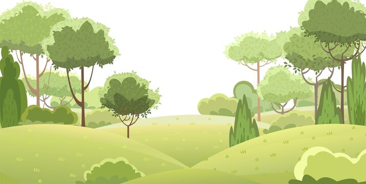 Rural beautiful landscape. Cartoon style. Hills with grass and forest trees. Cool romantic beauty. Flat design illustration. Isolated on white. Vector art