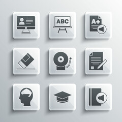Set Graduation cap, Audio book, Exam sheet and pencil, Ringing alarm bell, Human brain, Eraser or rubber, Online class and with plus grade icon. Vector