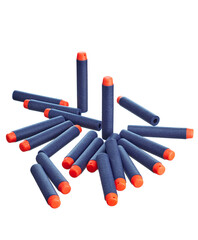 Scattering of toy plastic cartridges for air guns in blue with an orange tip, isolated on a white background. - 452119278