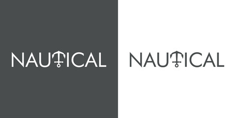 Logotipo con texto Nautical con letra T con forma de ancla de barco en fondo gris y fondo blanco © teracreonte