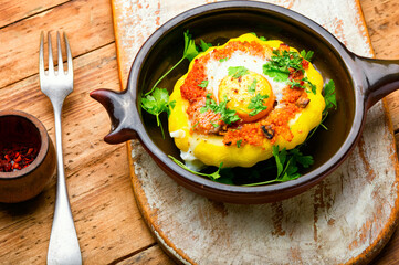 Baked stuffed patisson on rural wooden table