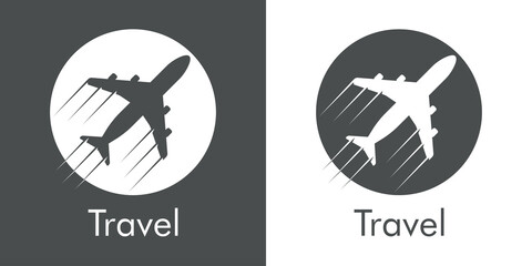 Logotipo con texto Travel y silueta de avión con trayectoria en círculo con lineas en fondo gris y fondo blanco © teracreonte