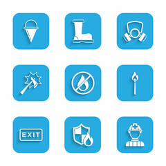 Set No fire, Fire protection shield, Firefighter, Burning match with, exit, axe, Gas mask and cone bucket icon. Vector