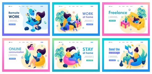 Collection of landing pages about self-isolation. Girl does works, chats, plays sports. Isometric