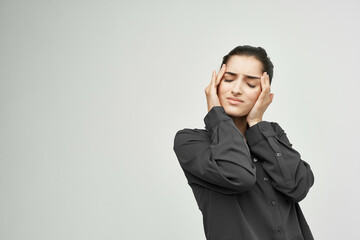 woman migraine stress negative light background