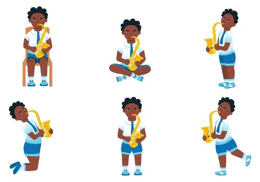 Set of images of a boy playing saxophone Cartoon style. Vector.