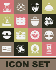 Set Cruise ticket, Glasses, ship, Coconut cocktail, Wave, Lighthouse, Cook and Beach bag icon. Vector