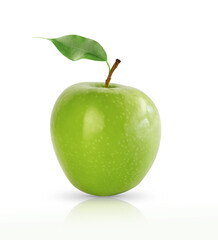 Apple. Green apple isolated on a white background with a twig and a green leaf.