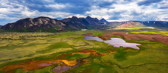 Aerial panorama of lakes and mountains in Thingvellir National Park, Iceland
