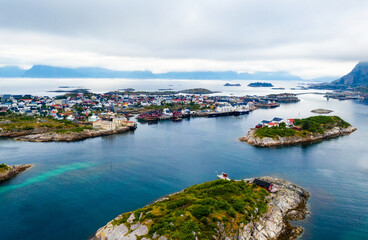 Naklejka na ściany i meble Aerial view of Henningsvaer fishing village on Lofoten islands in Norway