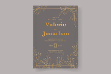 Wedding invitation card template with beautiful gold leaf ornament