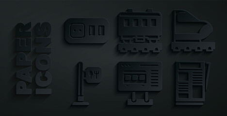 Naklejka premium Set Ticket office to buy tickets, High-speed train, Cafe and restaurant location, News, Passenger cars and Electrical outlet icon. Vector