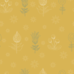 Yellow Swedish outlined flowers folk vector pattern 