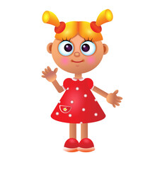 The girl is standing in a red polka dot dress in profile and full face isolated