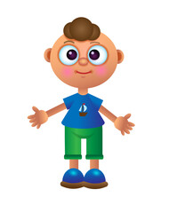 cartoon funny little boy isolated on white background. The self-confident boy is standing with his hands in the sides.