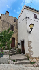 Ivy-covered entrance to an old house and a lantern on the wall in the old city in southern Europe in summer